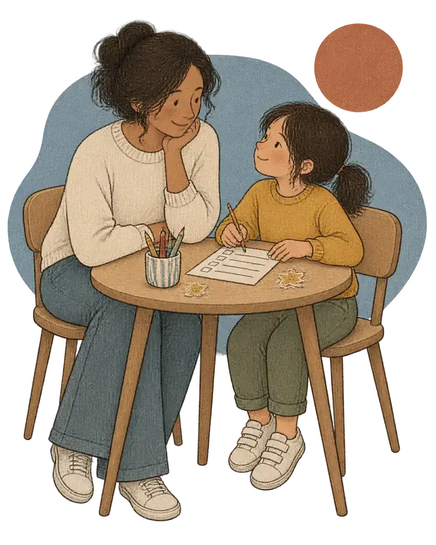 A parent and child calmly making a checklist together at a table